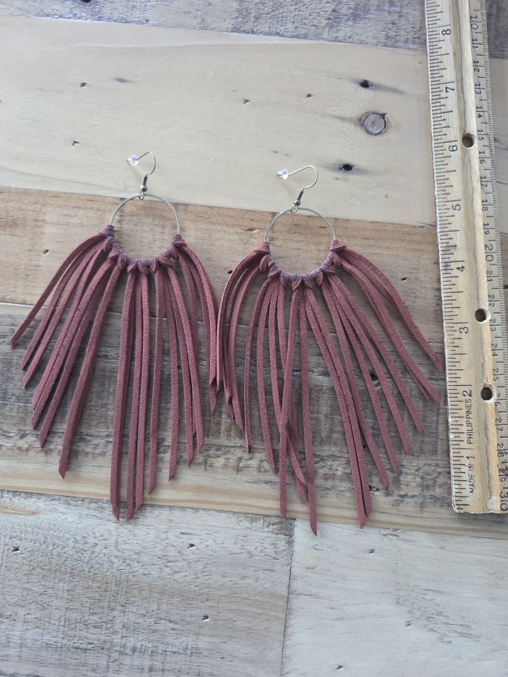 Boho Rust Leather Fringe Hoop Earrings | 5" Western Statement Tassel Dangles